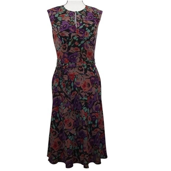 Lauren by Ralph Lauren Belted Crepe Floral Pattern Midi Dress Black Combo NWT 16 - Picture 5 of 14